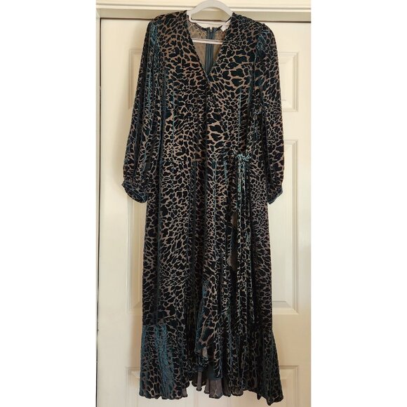 Calvin Klein Malachite Green Velvet Burnout Animal Print Faux Wrap Ruffle Dress - Picture 3 of 10